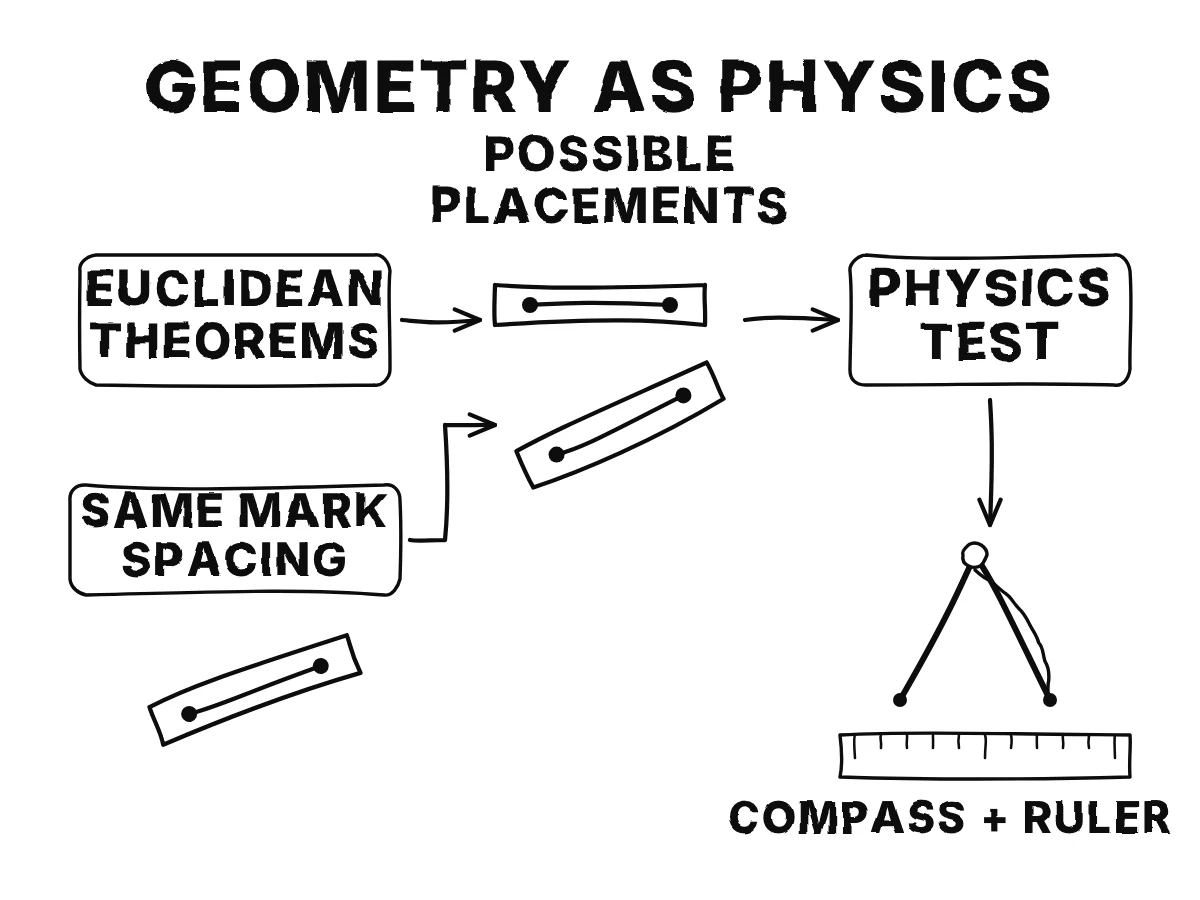 A rigid-body distance assumption connects Euclidean theorems to physical arrangements that can be tested.