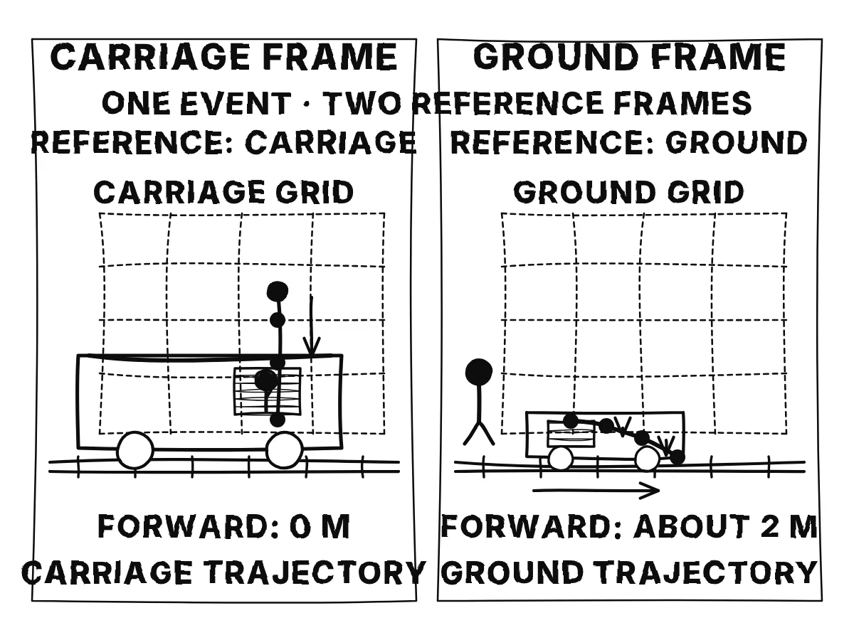 The stone has a vertical path in the carriage grid and a parabolic path in the ground grid, with equal-time positions and the forward displacement marked.
